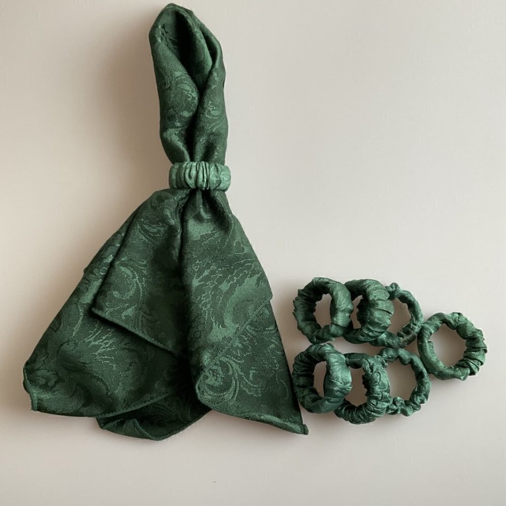 VTG WC Design Forest Green Damask Cloth Napkins & Ring Set - 16 Pcs - Picture 4 of 11